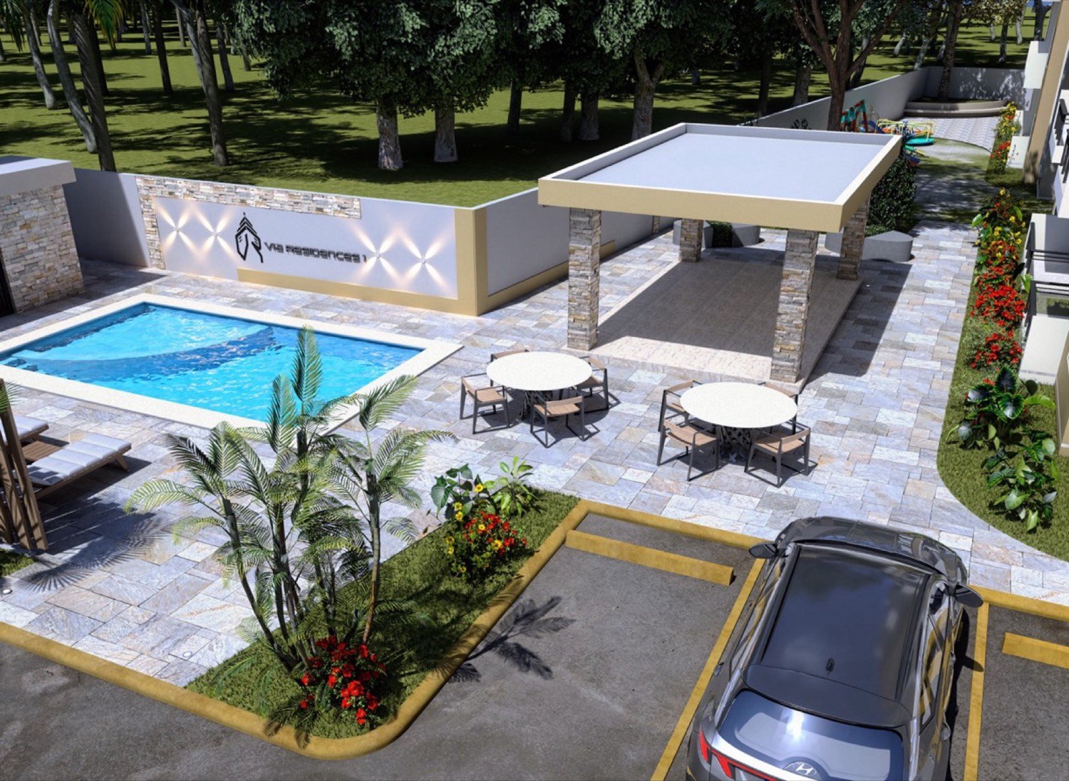 Área social y piscina de Via Residences