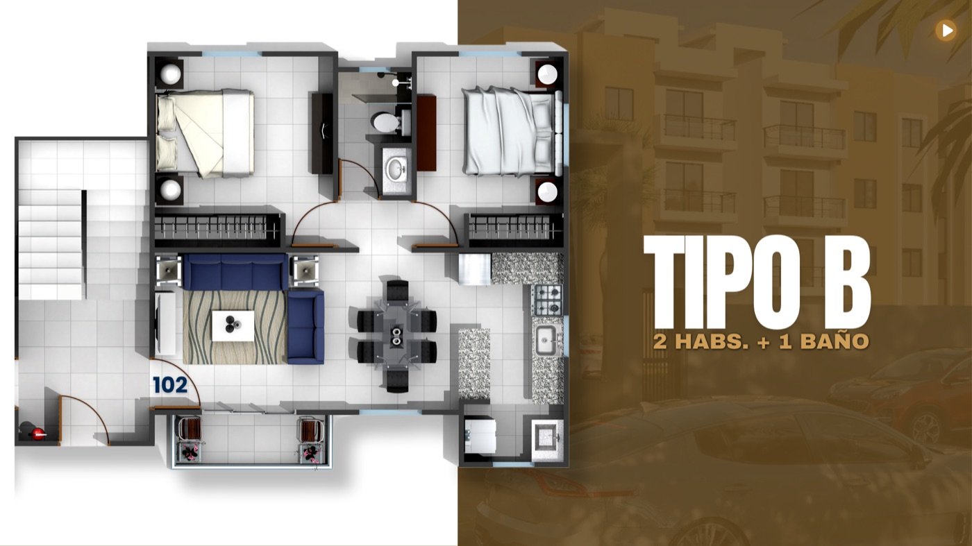 Plano apartamento Tipo B — 2 habitaciones, 1 baño
